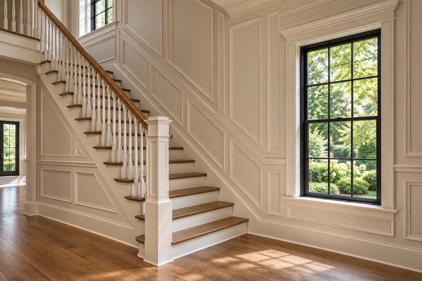 An entry staircase with applied wall paneling, wood treads, a turned baluster railing and a paneled newel post