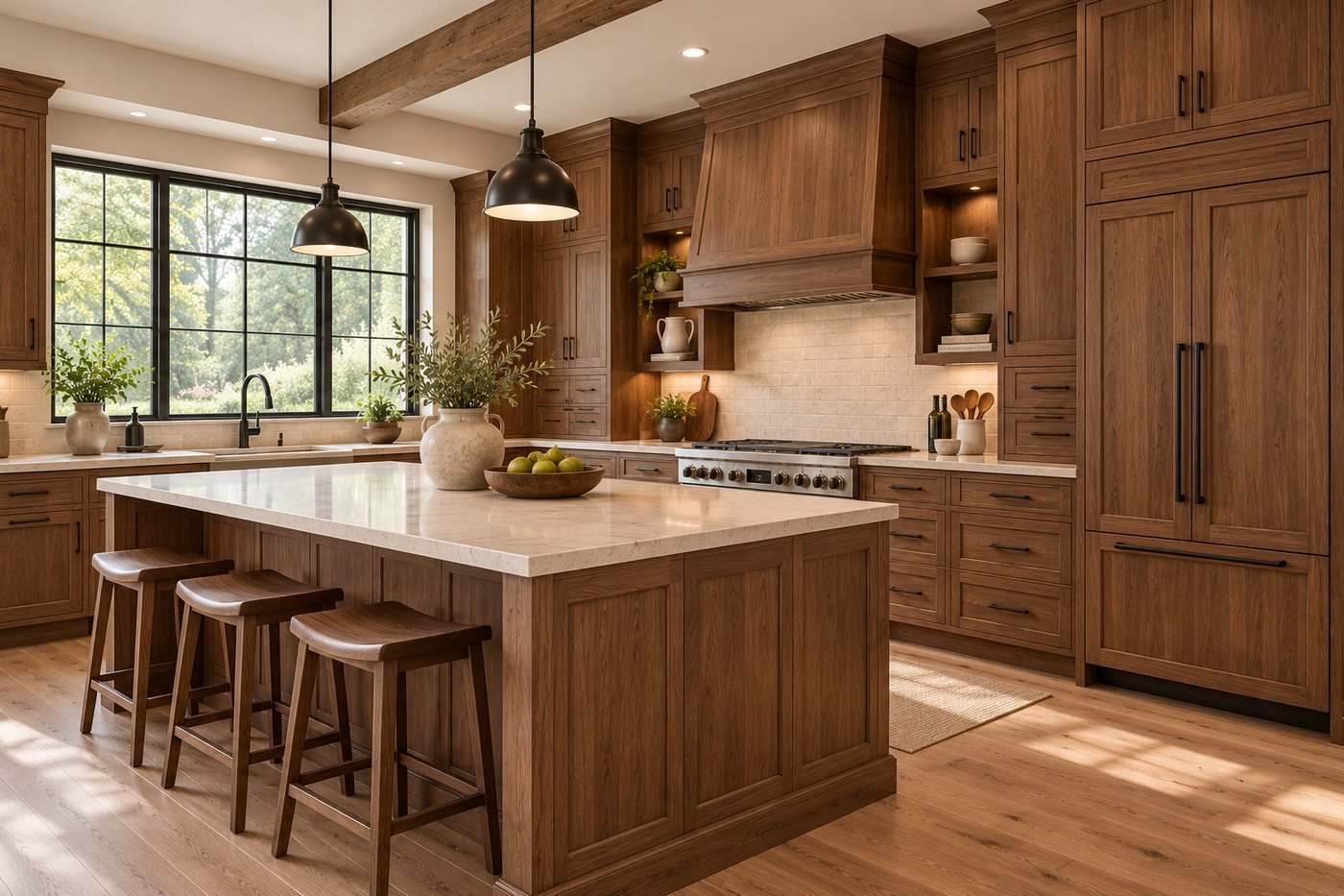 A warm toned custom kitchen with a large island, a wood range hood and a paneled refrigerator