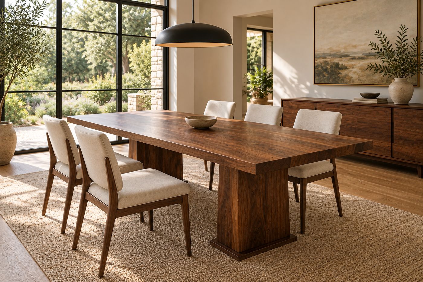 A solid wood dining table with a thick top and a pedestal base, set with upholstered chairs