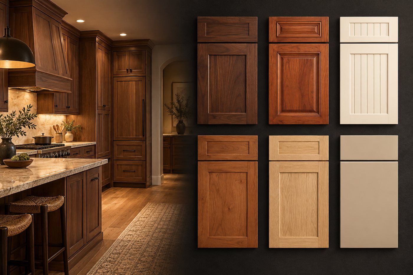 A dark stained kitchen beside six sample cabinet doors with matching drawer fronts, in stained, natural and painted finishes