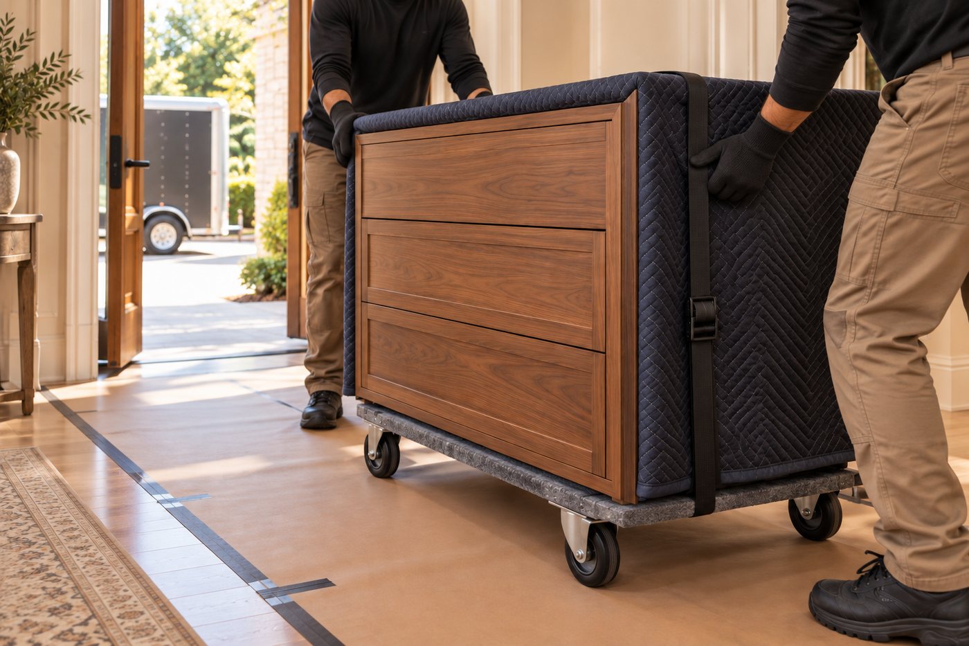 Two installers wheeling a blanket wrapped cabinet on a dolly across protected flooring